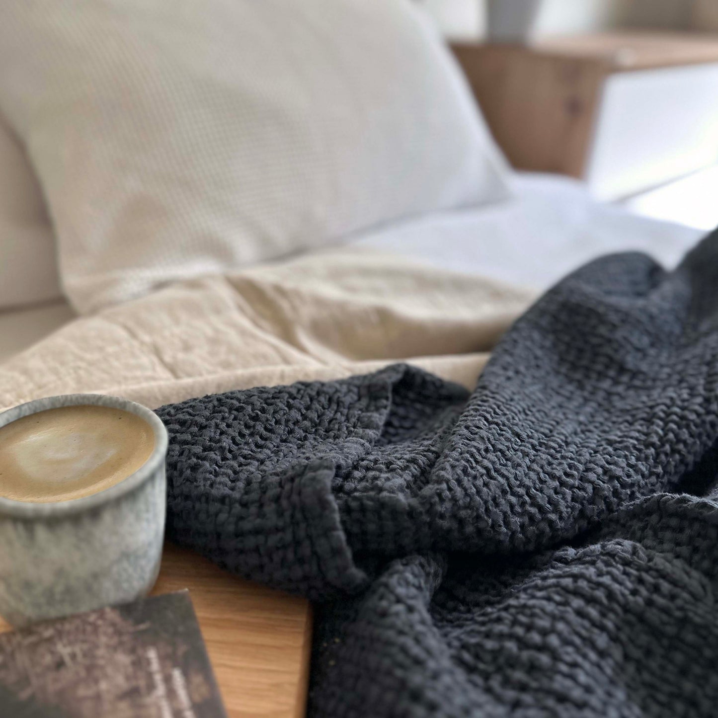 Mya Linen Waffle Blanket Charcoal OEKO-TEX Certified