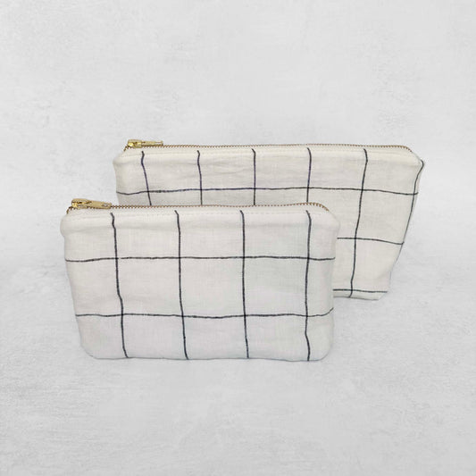The Linen Pouch Bag - Check Black and Ivory