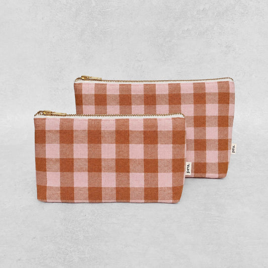 The Linen Pouch Bag - Tan & Pink Gingham