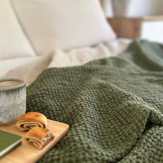 Mya Linen Waffle Blanket Cypress Green