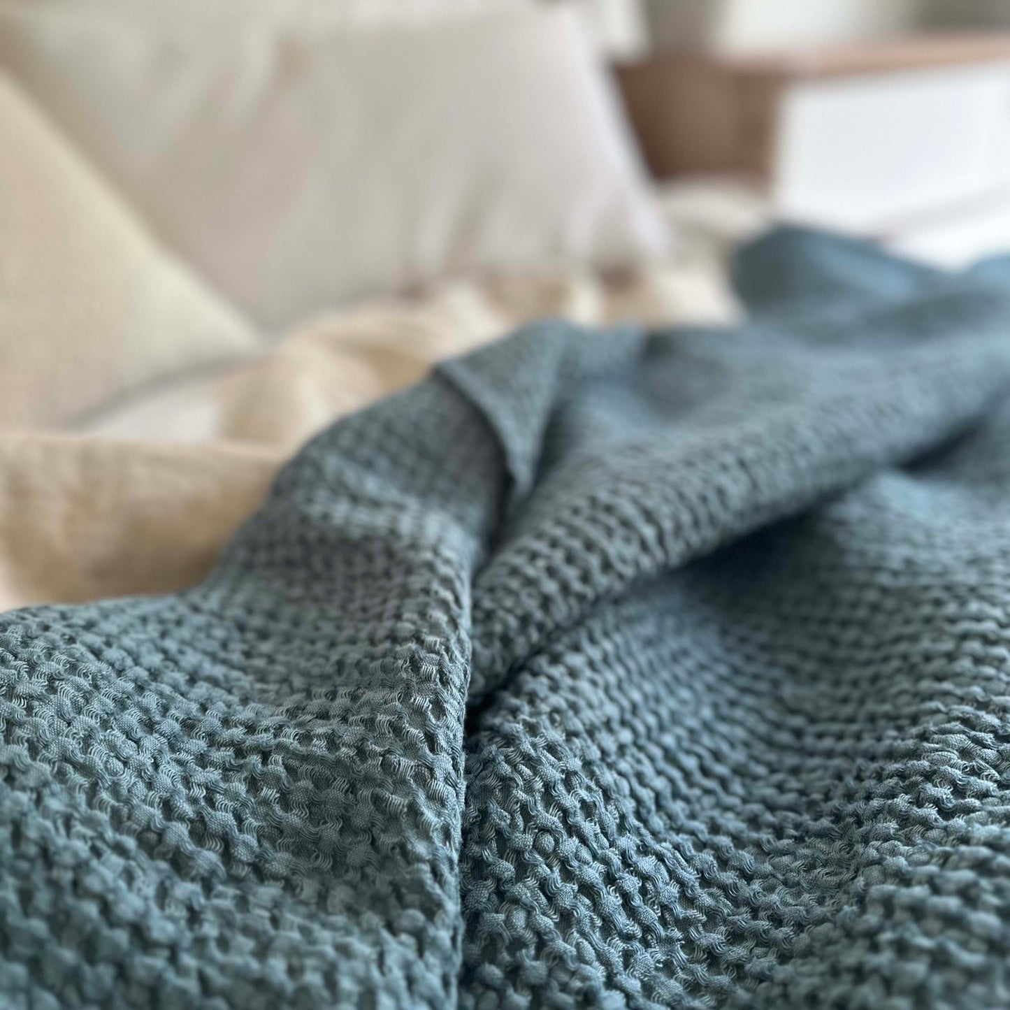 Mya Linen Waffle Blanket Slate Blue